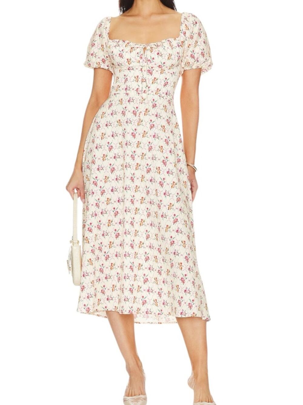 Resa Bambi Floral Short Smocked Sleeve Ruched Bodice Midi Dress Size Small